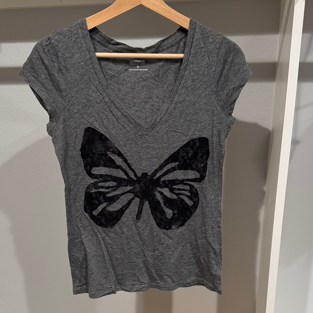 Express Gray Tee with Black Butterfly Design
